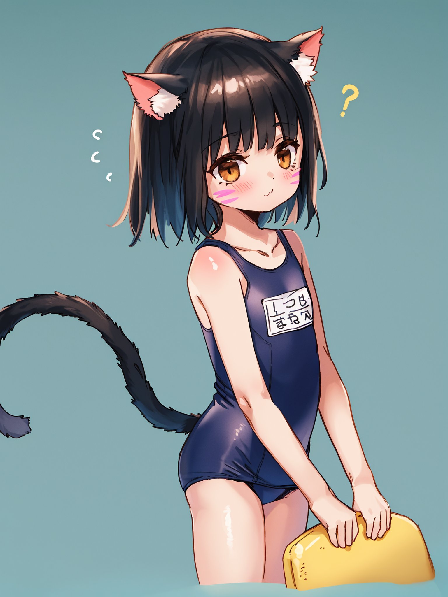 1girl, cat girl, solo, brown eyes, whisker markings, cat ears, animal ear fluff, animal ears, cat tail, tail raised, bangs, black hair, blush, closed mouth, collarbone, school swimsuit, one-piece swimsuit, name tag, holding, old school swimsuit,best quality,amazing quality,very aesthetic,absurdres,