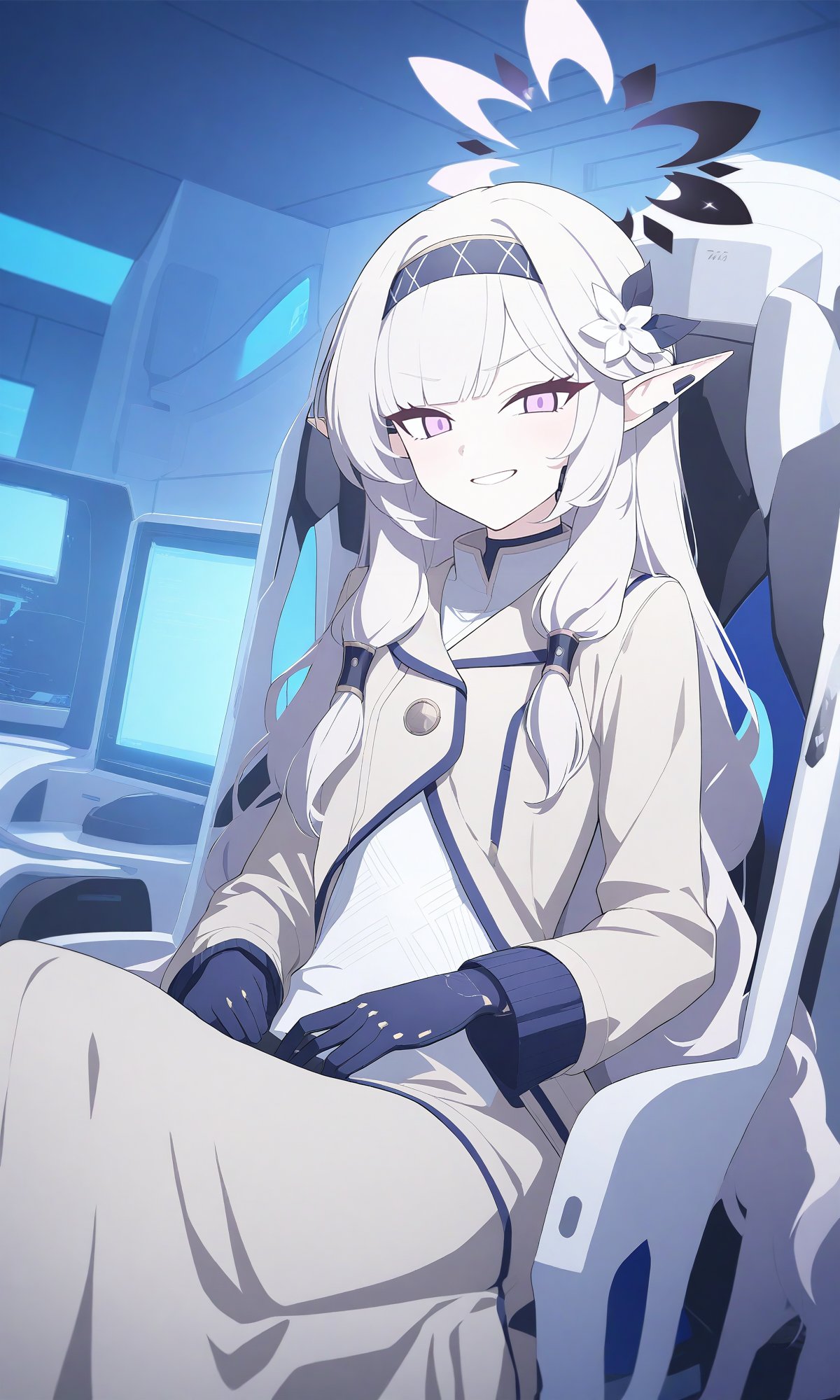 blue_theme 1girl  himari_\(blue_archive\)  smug_expression looking at viewer purple_eye best_quality newest absurdres highres close-up sitting_in_a_chair_with_headphones_on elven_character_with_smirk in_futuristic_laboratory_room white_tunic hacking_into_the_mainframe indoors  solo long_hair wheelchair pointy_ears flower hair_flower hair_ornament sitting hairband halo gloves monitors chair white_hair bangs dress very_long_hair long_sleeves indoors