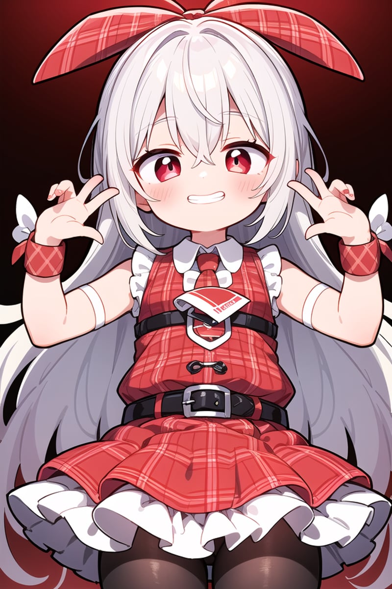 <lora:talkmouth_I_type1_v200:1>insanely detailed, absurdres, ultra-highres, ultra-detailed, best quality,1girl, solo, nice hands, perfect handsBREAK(Enchant:1.4), (red theme:1.5), ((red plaid pattern, tone on tone):1.4), (idol uniform:1.2), (fusion of sleeveless (red plaid pattern) vest and red sundress:1.4), (red tie:1.4), ((red plaid pattern) multi-layered skirt with ruffles:1.3), ((red:1.3) platform HIGH boots:1.1), (red plaid pattern ribbon on head:1.3)    BREAK    (short sleeve white collared-shirt dress layering:1.2), (black pantyhose:1.2), (belt:1.3), (wristband:1.3), (naked skin:-1), (black vest:-1), (white vest:-1), (black skirt:-1), (white skirt:-1), (cleavage:-1.5)BREAKsmile, open mouthBREAK(45 angle:-1.5), (from side:-1.5),standing, cowboy shot, looking at viewerBREAKslender, kawaii, perfect symmetrical face, ultra cute girl, ultra cute face, ultra detailed eyes, ultra detailed hair, ultra cute, ultra beautifulBREAKin coffee shop, depth of field, ultra detailed backgroundBREAKmedium large breastsBREAKgrey hair, red eyes, bob, hair between eyes