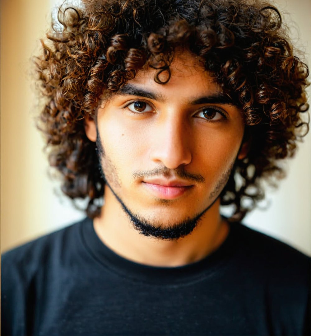 Close-up portrait of a young man with curly hair,looking at the camera,natural light,warm color tones,casual black T-shirt,simple background,20 years old,Middle Eastern or Southern European appearance,detailed textures,soft focus,subtle use of depth of field,everyday realism,high-quality image,good sharpness,no obvious artistic influence,average quality.,