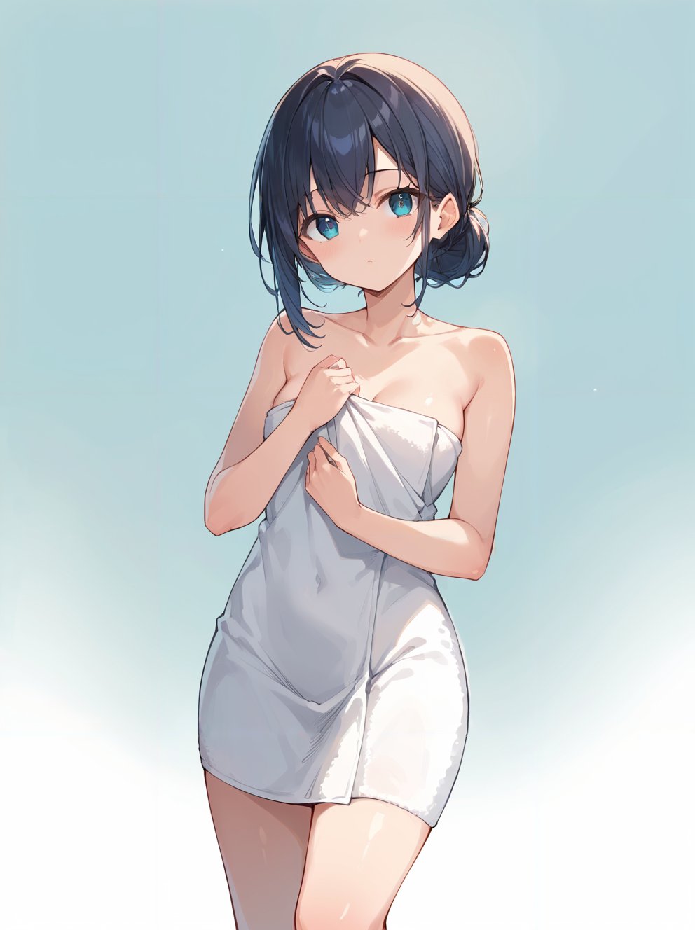 score_9, score_8_up, score_7_up,source_anime, high res image,masterpiece,best quality,girl,cute face,clear skin,shiny hair,ultra detailed eyes,simple background, <lora:naked towel_pony_V1.0:1> naked towel, towel