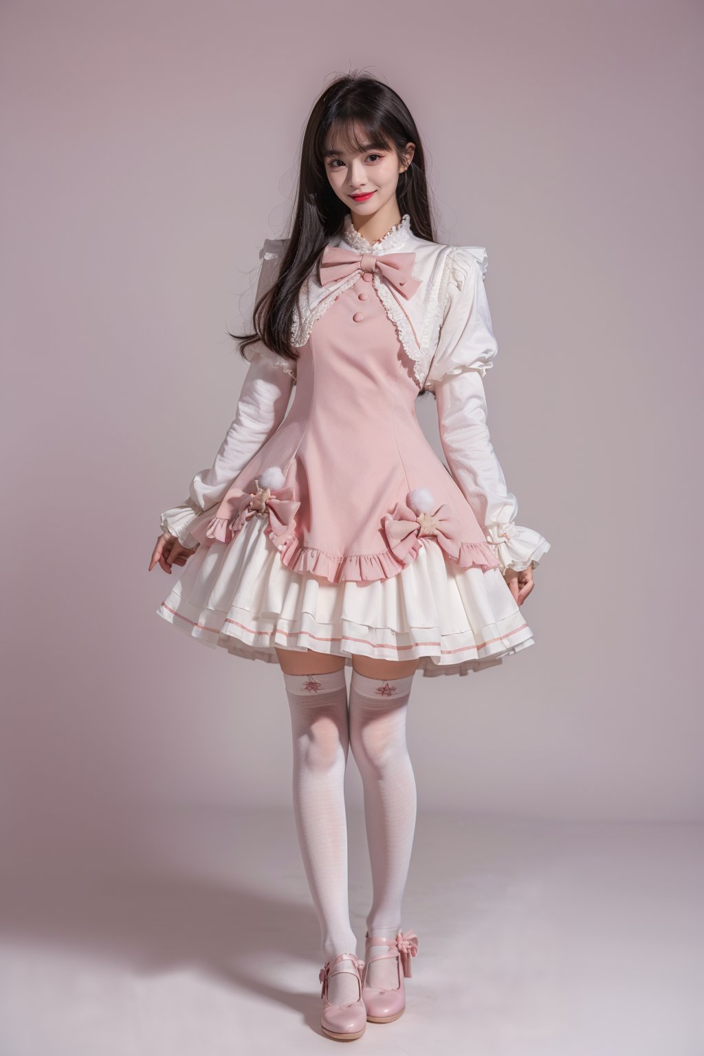 best quality, masterpiece, photorealistic, 1girl, solo, long straight black hair, blunt bangs, looking at viewer, full body, cyb dress, pink dress, long sleeves, puffy long sleeves, bow, white thighhighs, mary janes, simple background, <lora:cute_dress_style1_v1:0.7>