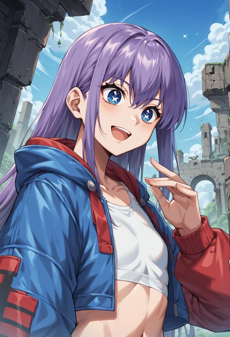 1girl, long hair, purple hair, blue eyes, flat chest, ribbon, multicolored jacket, red jacket, blue jacket, cropped jacket, sports bra, long sleeves, leggins, mechanical legs, looking down, holding, hand up, starry eyes, smile, open mouth, outdoors, ruins, upper body, looking own hand  <lora:Meltryllis_XL:0.8>, score_9, score_8_up, score_7_up, score_6_up, score_5_up, score_4_up, BREAK source_anime, masterpiece