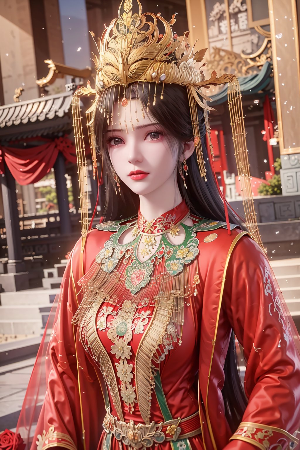 SFW,(masterpiece:1.2),best quality,absurdres,masterpiece,original,extremely detailed wallpaper,perfect lighting,(extremely detailed CG:1.2),1girl,solo,long hair,brown hair,hair ornament,long sleeves,dress,jewelry,upper body,earrings,chinese clothes,red dress,architecture,east asian architecture,