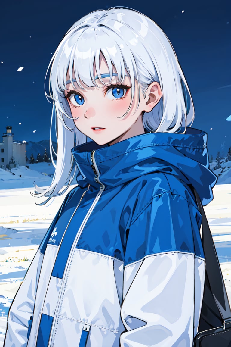 best quality, high resolution, distinct image, solo, (pale Blue contrast:1), (Blue theme:1), (Winter:0.5, snowfall:0.5), (Face focus:1.4), (looking at viewer:1.15), Girl, winter clothes