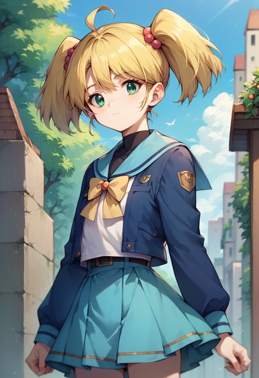 score_9, score_8_up, score_8, score_7_up, source_anime, rebeccahawkins, green eyes, blonde hair, short hair, ahoge, bangs, twintails, hair bobbles, uniform, sailor collar, blue jacket, blue skirt, short skirt, zettai ryouiki