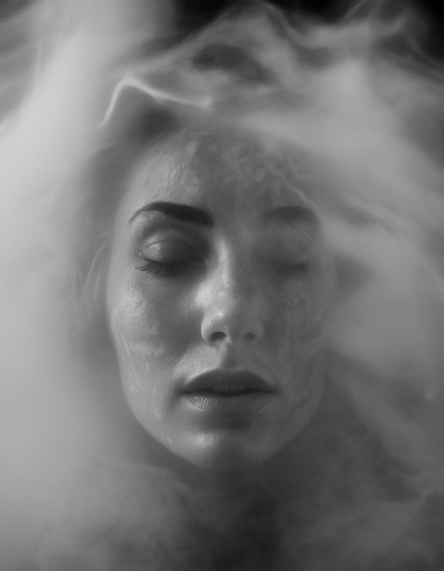 a woman's face is shown through a foggy glass window, hot shower steam, Fiona Stephenson, swirling mist, a black and white photo, art photography