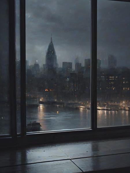 An ultra-realistic drawing of a raindrop-covered window, with the blurred city lights in the background creating a mood of contemplation and the sense of being inside during a rainstorm.
