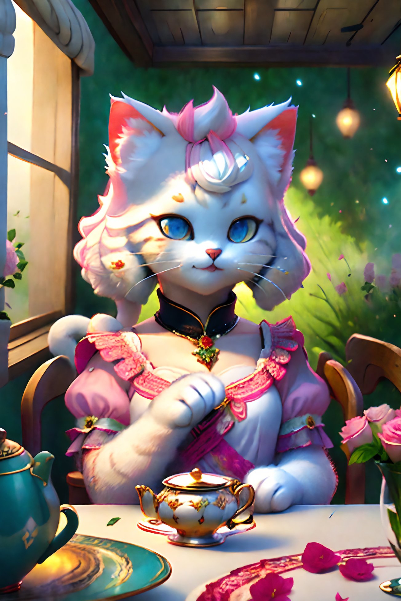 ((masterpiece, best quality, highly detailed, good composition)), ((A white cat)), blue eyes, White hair,holding a teacup, dress, sesxch,pale pink, (tutu), sarong, (silver jewelry), sapphire, sitting lazily at the table, (pink roses and greenery in the window), fluffy,8k,global illuminations, Dreamy, Enchanted garden, Enchanted Garden