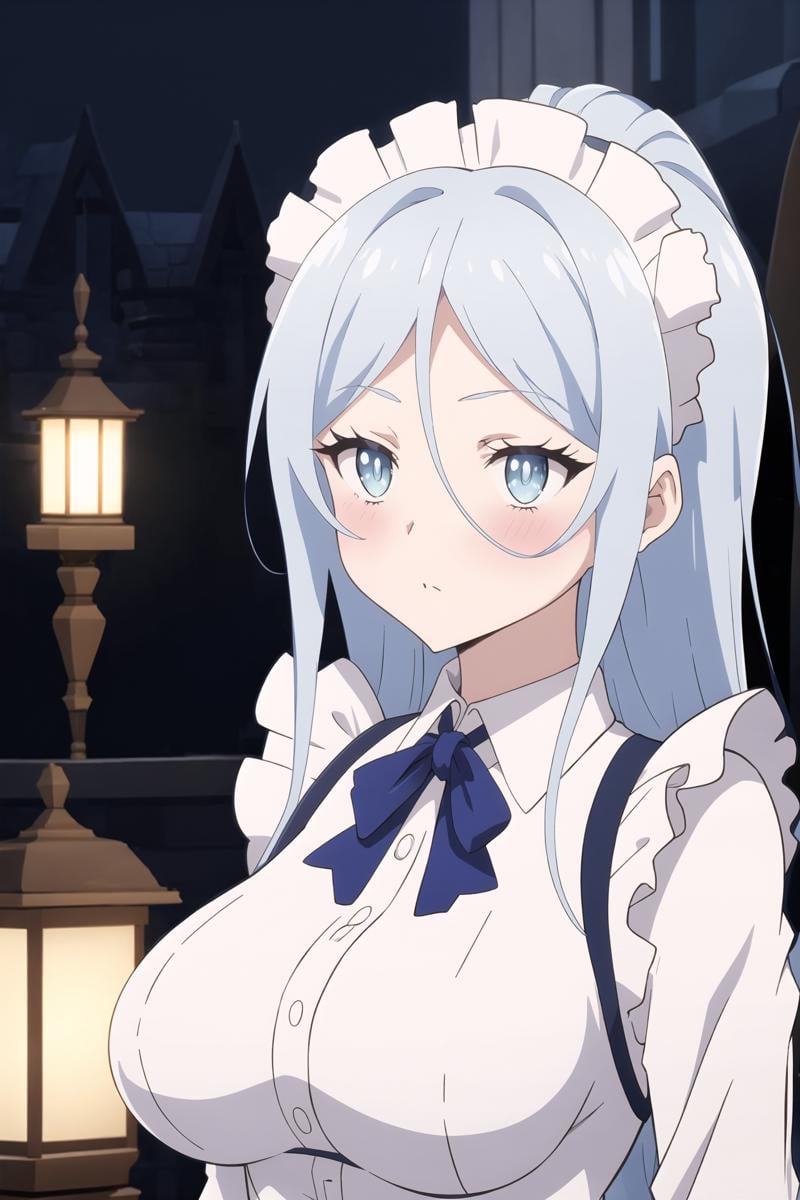 Sylpha, 1girl, solo, long hair, breasts, blush, blue eyes, large breasts, shirt, white shirt, upper body, maid headdress, night, dark atmosphere, indoors, castle,     <lora:Sylpha - Dainanaoji R4:0.8>