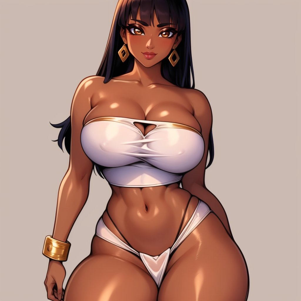 (masterpiece, best quality:1.3), JUGGERTUUL, 1girl, solo, looking at viewer, wide hips, mature female, simple background, closed mouth, seductive smile, large breasts, cowboy shot, thick thighs,  <lora:JUGGERTUUL Style Lora:1>, bangs, black hair, white loincloth, tube top, bracelet, earrings, brown eyes, midriff, dark skinned female, collarbone, cleavage, <lora:chel_eldorado:.8>