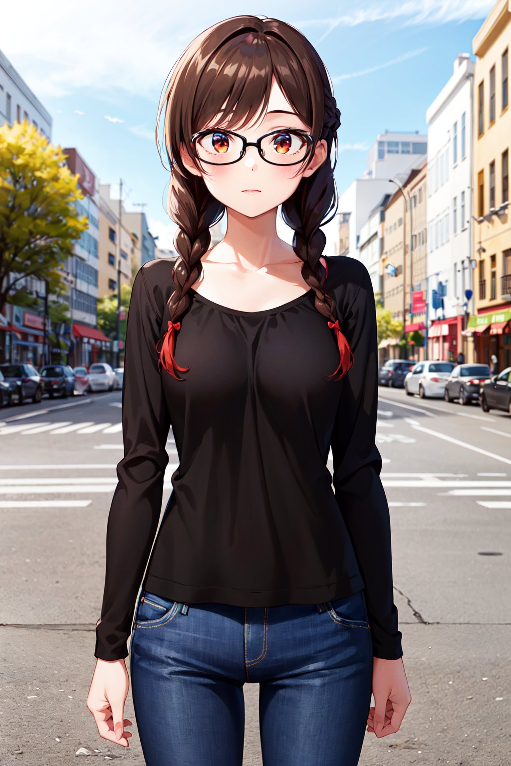 masterpiece, best quality, highres, aachizuru, long hair, twin braids, twintails, glasses, collarbone, black shirt, long sleeves, pants, jeans, <lora:mizuhara_chizuru_v2:0.7>, standing, cowboy shot, outdoors, building, arms at sides, 