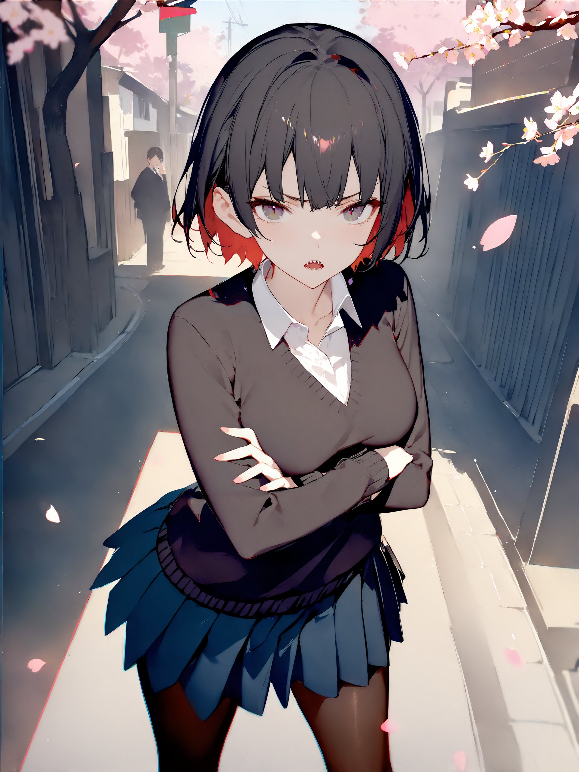 1girl, ellen joe, solo, school uniform, white shirt, sweater, pleated skirt, pantyhose, standing, glaring, looking at viewer, open mouth, sharp teeth, crossed arms, outdoors, street, cherry blossoms, petals, depth of field <lora:Char-ZZZ-EllenJoe-XL-V1:1>, masterpiece, best quality, perfect features, intricate details, ray tracing, very aesthetic, (hitenkei, askzy:0.5)