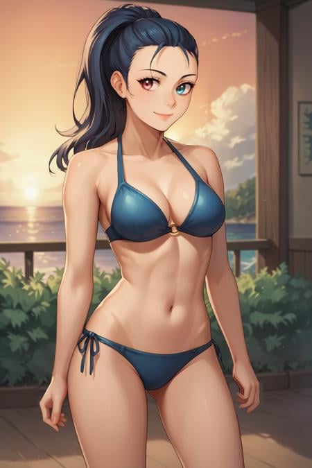 score_9, score_8_up, score_7_up, source BREAK source_anime,  <lora:Everlasting_Summer_Viola:0.7>, viola, ponytail hair, heterochromia eyes, left eye red, blue eye blue, 1girl, solo, bikini, sunset, bush, light smile,  <lora:7_Days_Summer_style:0.7>