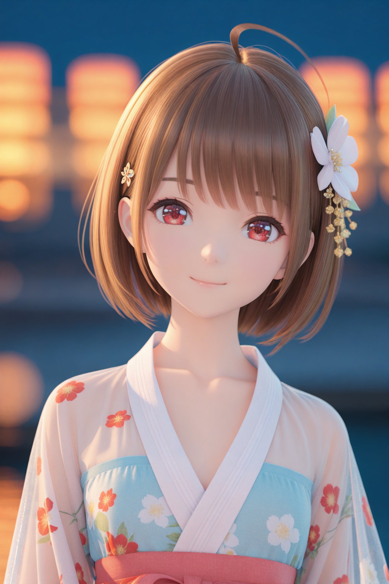 (masterpiece),(best quality),illustration,ultra detailed,hdr,Depth of field,(colorful),mmd,night,1girl,solo,red eyes,looking at viewer,hair ornament,short hair,upper body,brown hair,blurry,ahoge,bangs,see-through,depth of field,hanfu,smile,floral print,closed mouth,