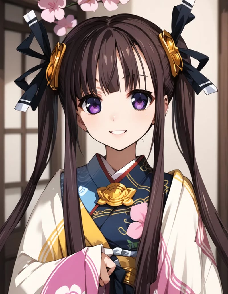 score_9, score_8_up, score_7_up, score_6_up, score_5_up, score_4_up, source_anime,1girl,brown hair,long hair,twintails,purple eyes,standing,upper body,kimno,floral print,smile,cute girl <lora:Kouhime_pony_V1-000030:0.9>