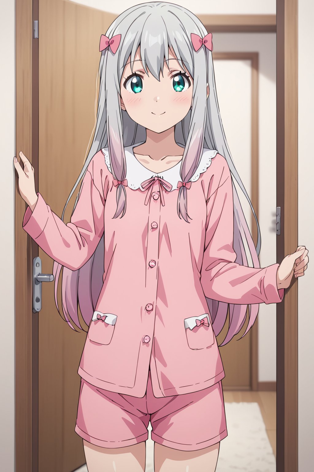 koizumi yogiri, long hair, grey hair, aqua eyes, grey hair, pink hair, multicolored hair,1girl, pajamas, solo, bow,smile, pink bow, hair bow, looking at viewer, pink pajamas, blush, collarbone, pink shorts, shorts, door, closed mouth, long sleeves, indoors, cowboy shot,masterpiece, perfect face, best quality, beautiful girl, blurry background, cute girl, beautiful eyes, shiny eyes, anime coloring, anime screencap, absurdres,  <lora:koizumi yogiri anyt:0.6>