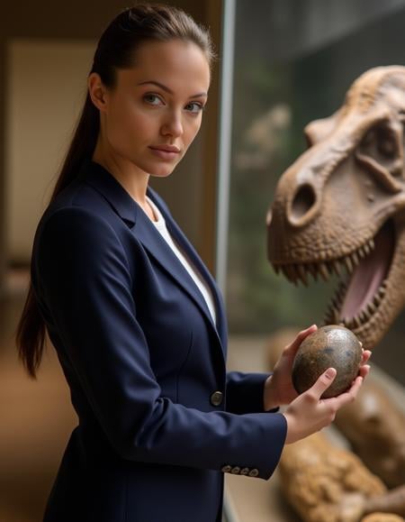 l4r4cr0ft, wears an impeccable navy blue Gucci business suit. She stands before a open glass display case at the Natural History Museum, holding a ancient large fosilized dinosaur egg specimen in her hand while looking at the viewer. <lora:l4r4cr0ft-000007:1>