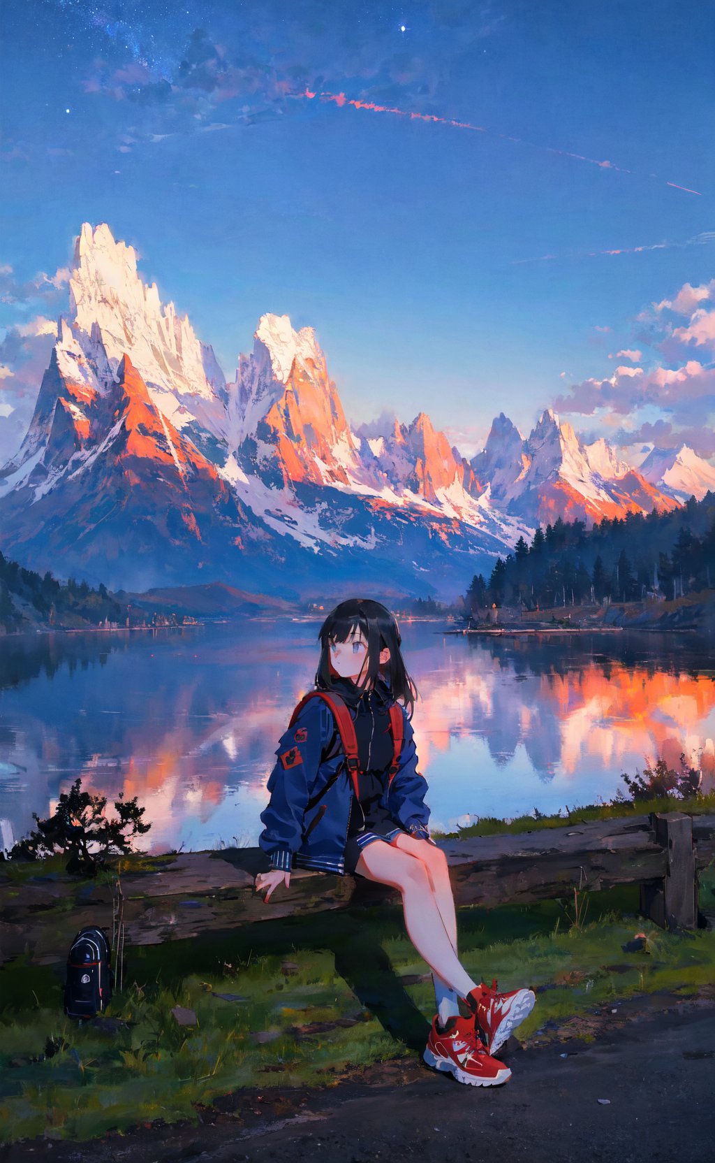 ((masterpiece)), ((ultra-detailed)), pixiv, best shadows, best lighting, best quality, absurdres, highres, cinematic shots, 1girl, red backpack, outdoor, shoes, mountain, sky, tree, cloud, dark night theme, sitting, front, starry sky, sky, Blue jacket, architecture, sneakers
