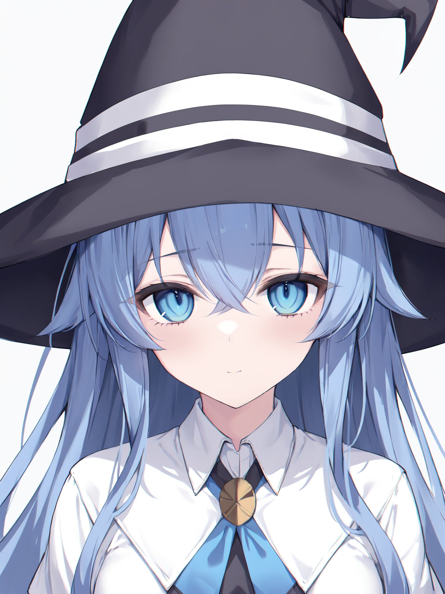 (masterpiece),(bestquality),1girl,solo,roxy migurdia,blue eyes,blue hair,hat,long hair,looking at viewer,shirt,hair between eyes,simple background,collared shirt,white shirt,witch hat,bangs,black headwear,closed mouth,grey background,portrait,braid,upper body,<lora:heyiling-v3-000010:0.8>,