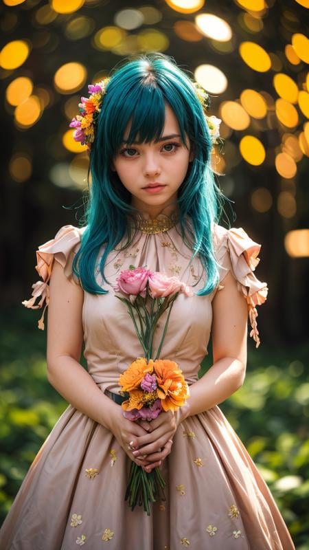 1 young cute girl, flower dress, colorful, dark background, flower armor, green theme, exposure blend, upper body shot, bokeh, (hdr:1.4), high contrast, (cinematic, teal and orange:0.85), (muted colors, dim colors, soothing tones:1.3), low saturation