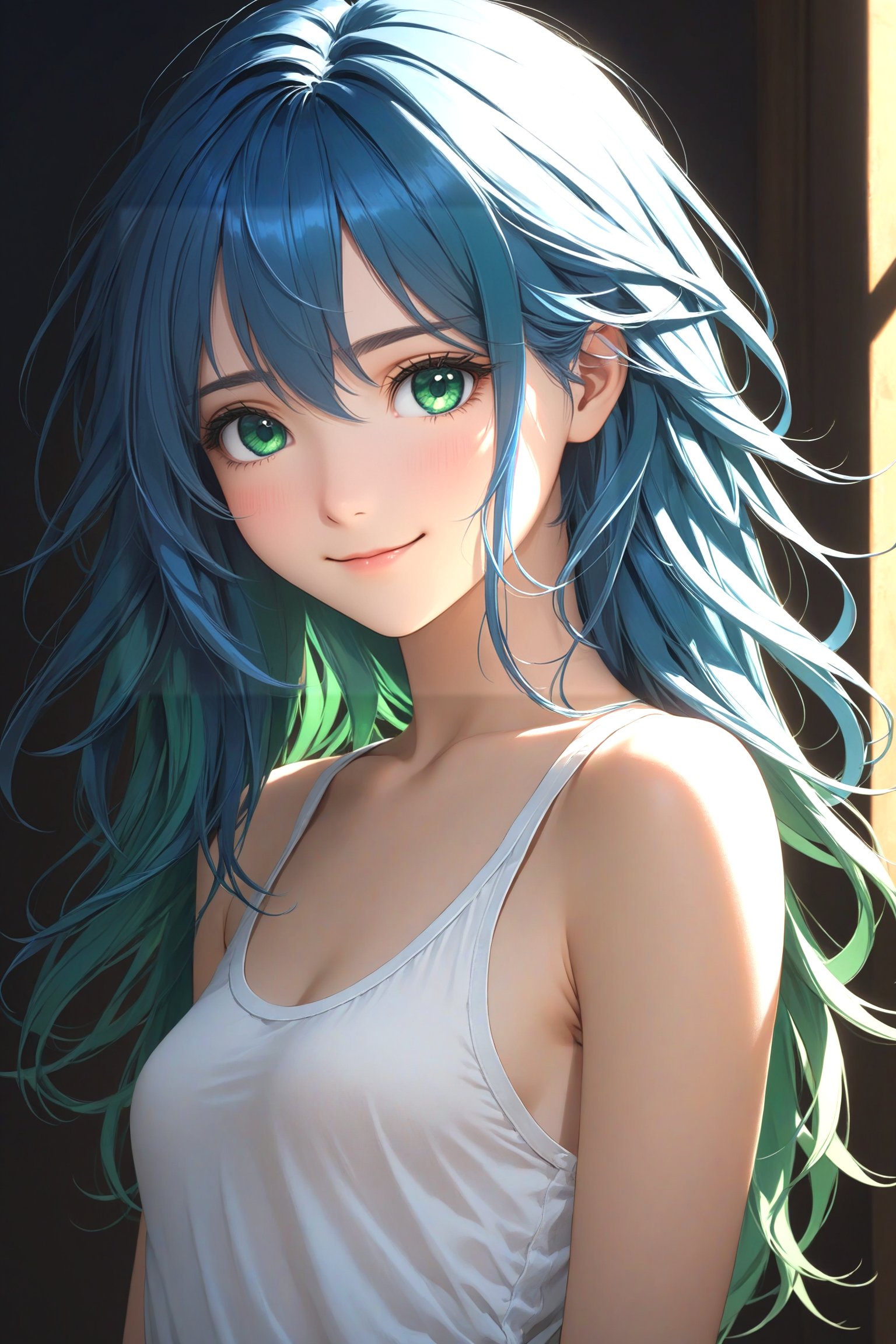 a beautiful blue haired girl, long messy hair, beautiful detailed deep green eyes,  shy smile, small breasts, white tank top, upper body view, ultra realistic, colorful,(masterpiece:1.2), (best quality:1.2), ultra-detailed, best shadow, detailed background, high contrast, (best illumination, an extremely delicate and beautiful), ((cinematic light)), hyper detail, dramatic light, intricate details, 8k,  very aesthetic,