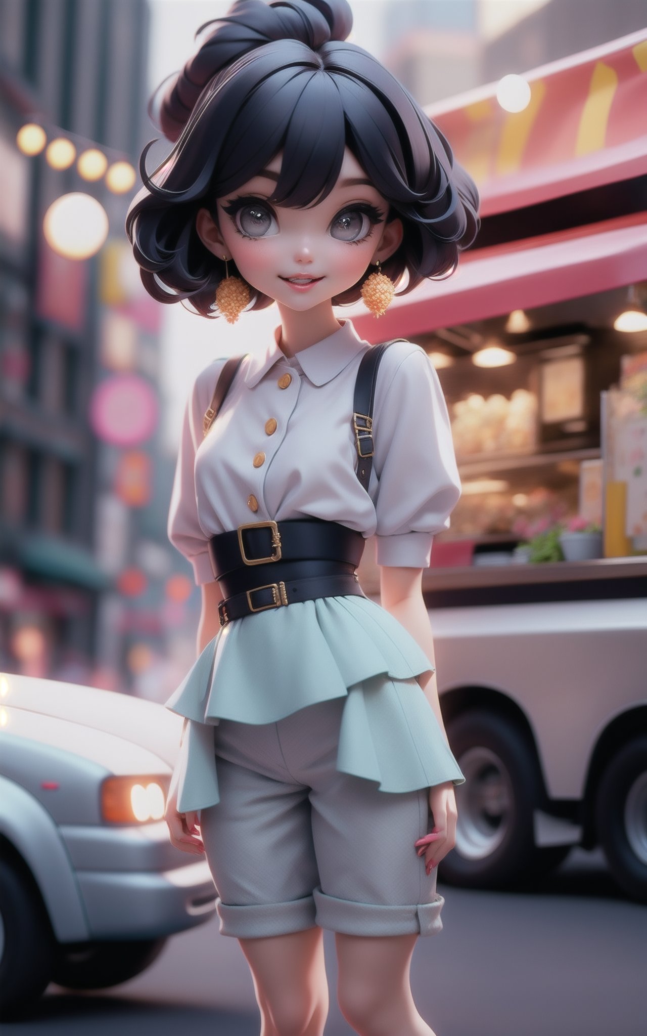 1girl,Short flip hairstyle,A bustling, contemporary food truck festival, with a variety of modern, gourmet options,Peplum top and straight-leg trousers,Whimsical facial expression,dynamic attitude,