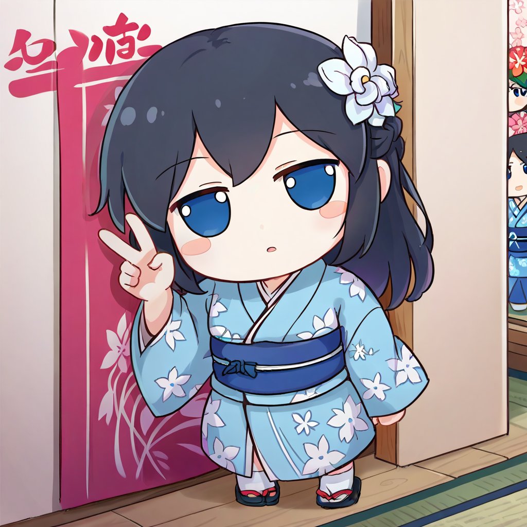 1girl,    fumo doll, chibi, solo, long hair, blush, looking up, from above, half updo, open clothes, blue kimono, hair ornament, socks, hand puppet, white flower, white socks, sash, flower, looking at viewer, hair flower, light blush, yukata, holding, parted lips, long sleeves, no shoes, sack, obi, dried footwear, full body, :>, standing, blue eyes, head tilt, wide sleeves, furisode, black hair, braid, blush stickers, floral background, japanese clothes, kimono, print kimono, floral print, score_9, score_8_up, score_7_up, source_anime <lora:XL_fumo_(doll)(pony):1>