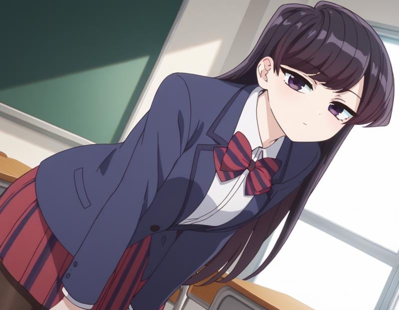 score_9, score_8_up, score_7_up, source_anime,shoukokomi, <lora:shouko-komi-s1s2-ponyxl-lora-nochekaiser:1>,shouko komi, long hair, bangs, black hair, black eyes, half-closed eyes,skirt, shirt, long sleeves, bow, school uniform, jacket, white shirt, pantyhose, pleated skirt, striped, collared shirt, bowtie, red skirt, blazer, blue jacket, striped bow, striped bowtie,indoors, classroom, bent over,looking at viewer, cowboy shot, dutch angle, solo,