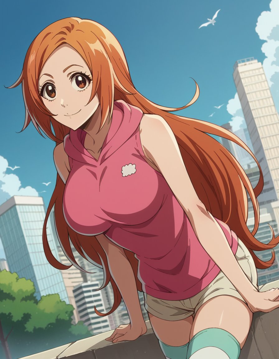 score_9, score_8_up, score_7_up, source_anime,inoueorihime, <lora:inoue-orihime-tybw-ponyxl-lora-nochekaiser:1>,inoue orihime, long hair, orange hair, brown eyes,thighhighs, shorts, sleeveless, hood, hoodie, pink hoodie,outdoors, cityscape, bent over, smile,looking at viewer, cowboy shot, dutch angle, solo,