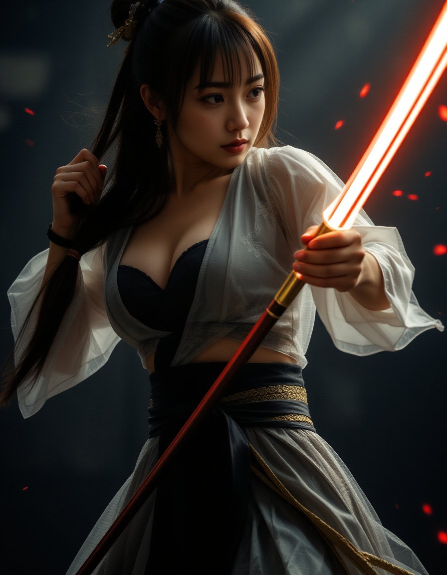 Atmospheric lighting, volumetric lighting, CloseUp, Upper Body Shot, FredFraiStyle inspired buxom Female ninja with wooden staff Standing Battle ready with a Natural powerful weapon, Cleavage, vibrant pastel colored in Grey, White and DARK yellow, Highly detailed analog photo close-up action scene of a woman in billowing transparent hanfu. The focus is on her chest, showcasing the reddish blur of light that trails with the swift motion of the weapon, capturing the dynamic speed of the fighter. Pressure Wave, floating particles, very detailed physic, The scene is set in a misty, fog-filled night with a desaturated color palette. The background is hazy, while motion streaks and dynamic lighting enhance the sense of speed and intensity, with the knight’s glow piercing through the mist.  <lora:hinaFluxAsianMixLora-schnell_v2:0.9>