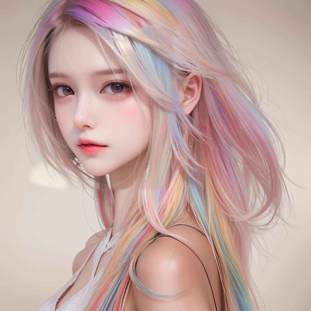 1girl,solo,long hair,(multicolored hair:1.5),looking at viewer,lips,makeup,rainbow hair,realistic,closed mouth,from side,portrait,simple background,<lora:脸16:0.5>,<lora:MHB:0.2>,<lora:HDR:0.5>,<lora:DBD2:0.2>,depth of field,high color degree,black eyelashes,, colorful,incredibly absurdres,absurdres,huge filesize,wallpaper,pale skin,realistic,Cinematic Lighting,, tall female,pale skin,skinny body,Long Legs,Slender legs,