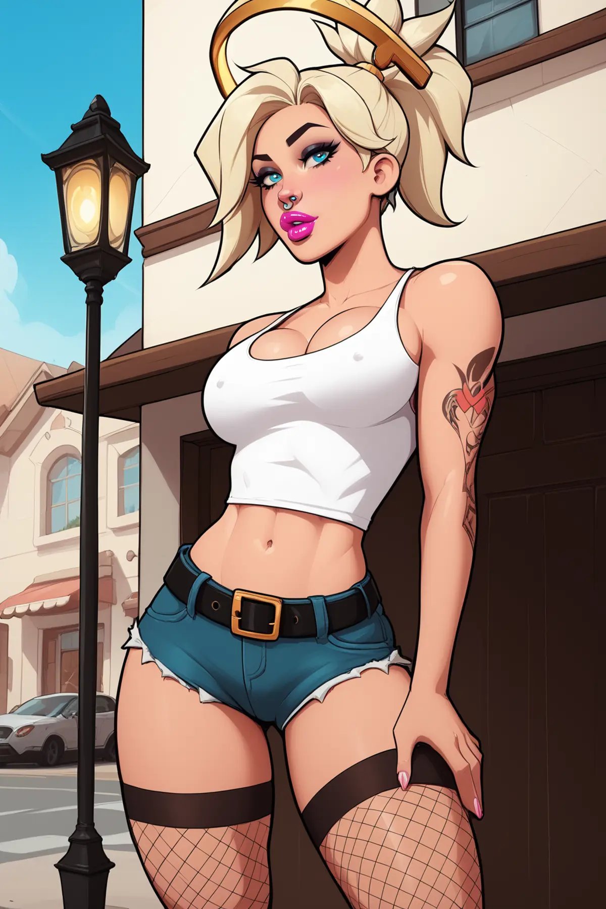 score_9, score_8_up, score_7_up, masterpiece, high quality <lora:MrcyPonyLora:0.7> mrcy, short hair, high ponytail, halo, fishnets tighhighs, short tank top, fishnet shirt, bitch belt, ver yshort jeans shorts, tattoos, nose piercing, standing on a street lantern in the suburbs <lora:CherryMouseStreetStylePonyLyco:1> 1girl, lipstick, uncensored, makeup,  nose, lips, solo