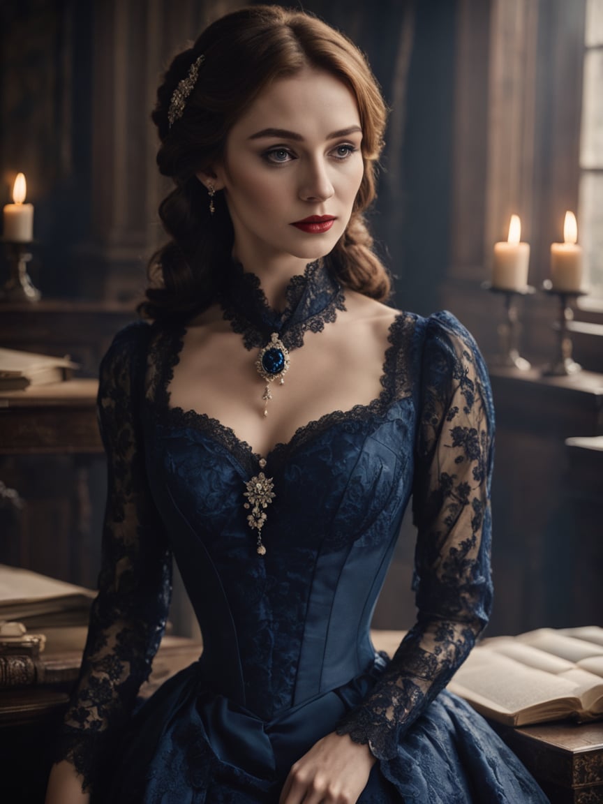 cinematic film still beautiful woman, photograph, ((dark blue) victorian dress), <lora:xl_victorian_dress-1.0:0.8>, library, candlelight, (full body), period drama, (black lace overlay), brooch . shallow depth of field, vignette, highly detailed, high budget, bokeh, cinemascope, moody, epic, gorgeous, film grain, grainy