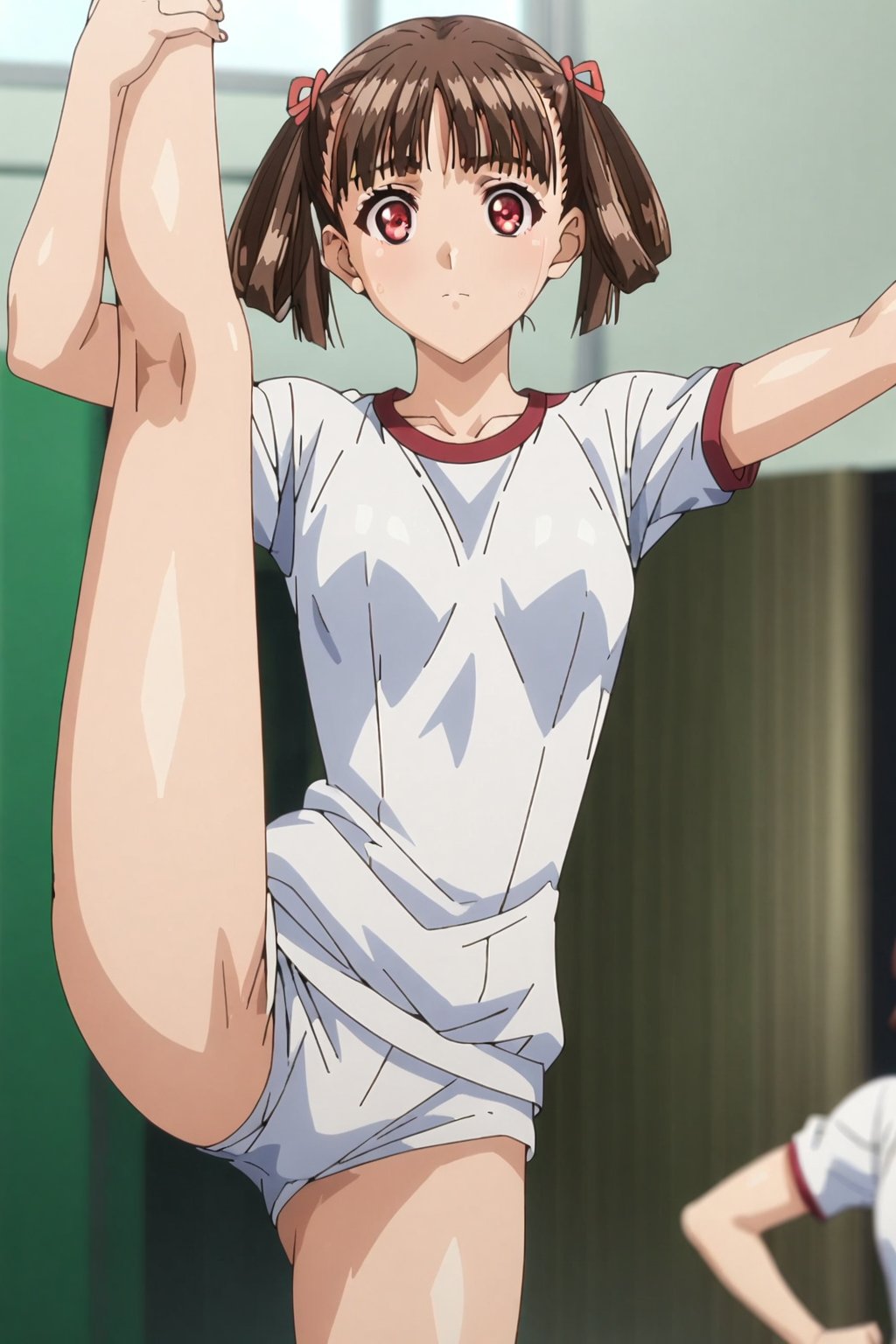 soratani natsuki, red eyes, brown hair, hair rings,1girl, solo, gym uniform, gym, standing split, looking at viewer, cowboy shot,masterpiece, perfect face, best quality, beautiful girl, blurry background, cute girl, beautiful eyes, shiny eyes, anime coloring, anime screencap, absurdres,<lora:soratani natsuki anim:0.8>