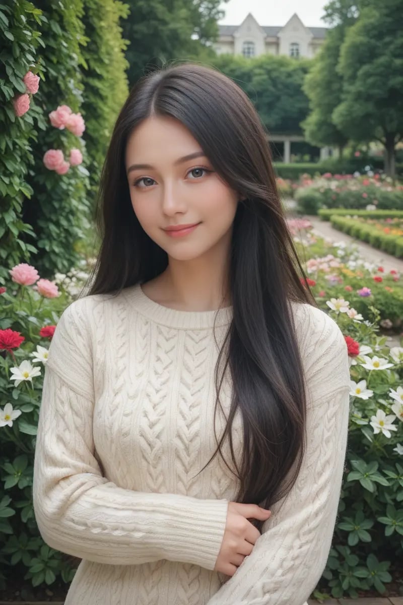 score_9,score_8_up,score_7_up,masterpiece, 20 years old, 8k, hd, beautiful girl, black hair, very long hair, straight hair, light smile,1girl, detailed face, beautiful woman's face, sweater, garden, full of flowers, looking at viewer, upper body, half body,