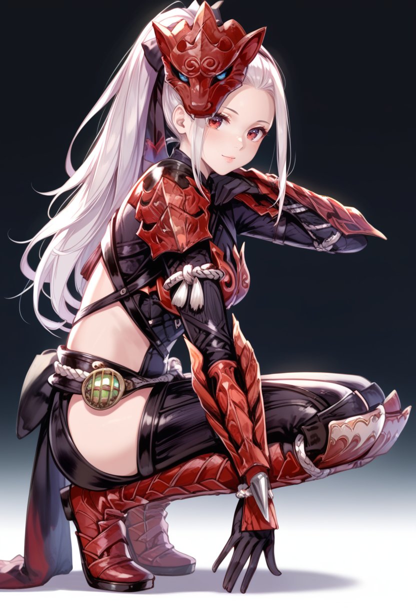 (score_9:0.9),score_8_up,score_7_up,anime style,rating_safe,(zPDXL),<lora:Odogaron Armor Beta ponyXL v1:0.86>,odogaron beta armor,red mask,red gauntlets,red thighboots,1girl,long hair,red eyes,blue eyes,solo,very long hair,looking at viewer,white hair,squatting,ponytail,white background,full body,simple background,medium breasts,black bow,