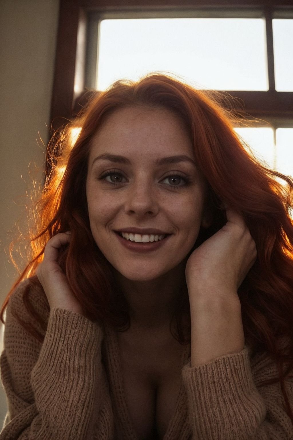 moody instagram photo, lower body photo of 32 years old woman, from below, dressed in long oversized sweater, teasing nudity, dirty fiery red hair, color gradient, bright tips of hair, sun-kissed skin, happy, cute smile, beautiful hazelnut eyes, hard shadows, dark, nighttime, overexposed filter, silhouetted against the bright light