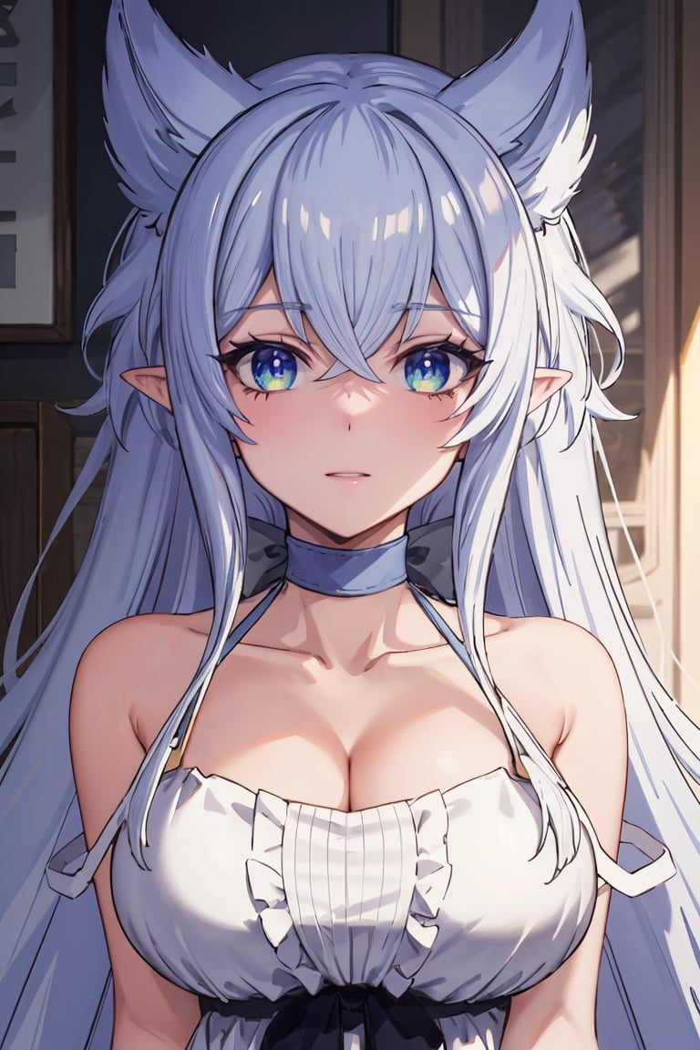 masterpiece, best quality, ultra-detailed, glistening shiny, glowing light, ray tracing, HDR, deph of field, (perfect face, detailed face),  <lora:Fenrys:0.8>, fenrys, blue eyes, very long hair, hair flaps, pointy ears, large breasts, white dress, grey choker, cleavage, black bow, strap slip, cross-laced footwear