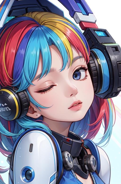 masterpiece,best quality,upper body,1girl,small breasts,mecha,rainbow order,minimalism,rounded corners,multicolored hair,eye reflection,covering eyes,close-up