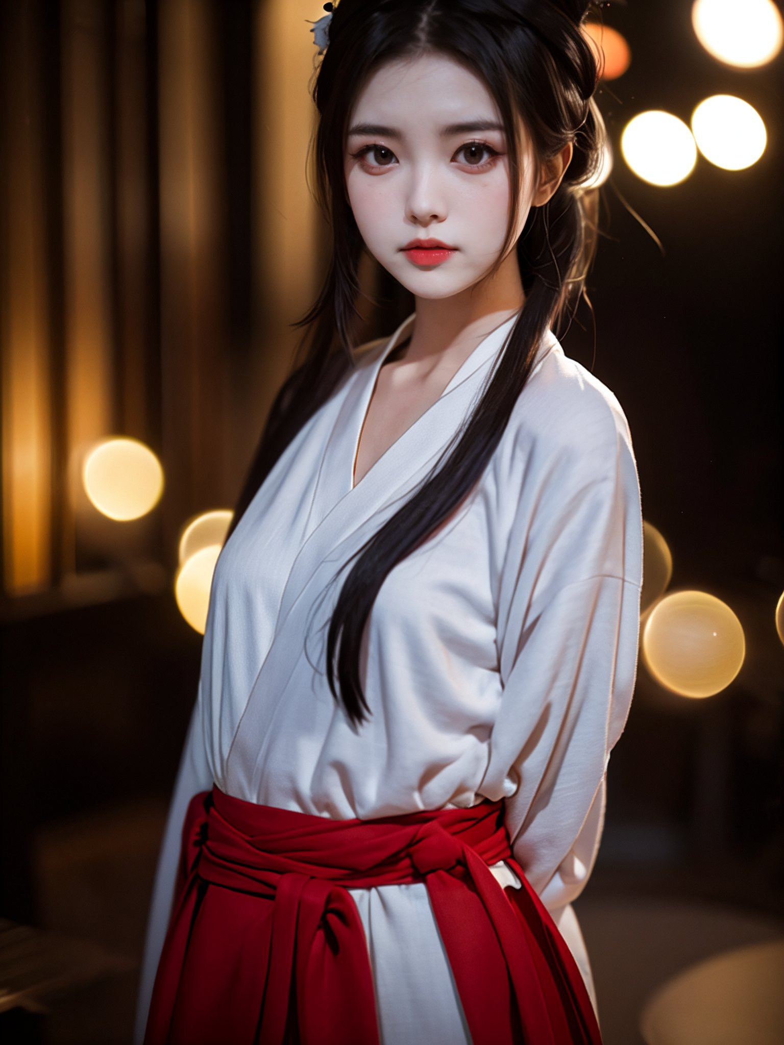 1girl,looking at viewer,bokeh,hanfu,<lora:好吃米-SD1.5-hanfu-000007:0.6>,upper body,arms_behind_back,