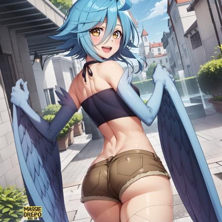 best quality, 4k, ((masterpiece)), extremely detailed, 8k, trending on ArtStation, Intricate, High Detail, Sharp focus, <lora:Papi:1>1girl, solo, harpy,winged arms, blue wings,blue hair, feathered wings, monster girl, yellow eyes, small breasts,outdoors,  smile,hair between eyes, outdoors, looking at viewer,ahoge,bandeau, shorts, navel,bare shoulders,  open mouth,ass, cover, short hair, looking at viewer, :d, cover page, looking back, from behind,