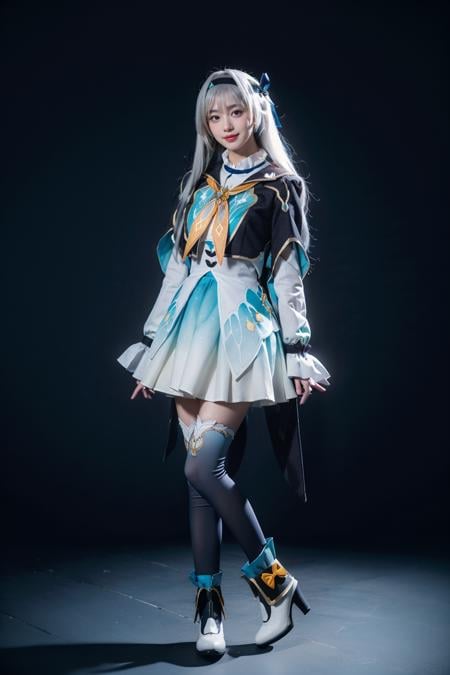 best quality,masterpiece,realistic,photorealistic,1girl,solo,smile,looking at viewer,standing,full body,arm at side,firefly cosplay costume,cosplay,long hair,white hair,dress,cropped jacket,capelet,shirt,skirt,long sleeves,frilled sleeves,bow,neckerchief,ribbon,fingerless gloves,hairband,hair bow,hair ornament,gradient legwear,gradient thighhighs,ankle boots,high heel boots,simple grey background,<lora:Honkai_StarRail_Firefly_costplay_costume_v1:0.7>,