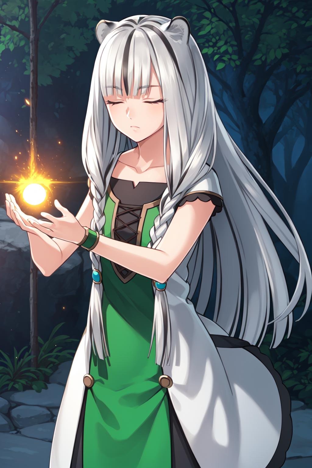 ((masterpiece)), (best quality), (ultra-detailed), photorealistic, (best illustration), ((an extremely delicate and beautiful)), 1girl, long hair, tiger ears, closed eyes, white hair, two-tone hair, low twin braids, , cowboy shot, white dress, green dress, multicolored dress, black skirt, cross-laced, short sleeves, standing, detailed scenery, forest, night, dark, (energy ball:1.44), (light particles), glowing, holding, action, serious, hair over shoulder, hair ornament,<lora:atla_nai_4:0.9:lbw=INS_MIDD>