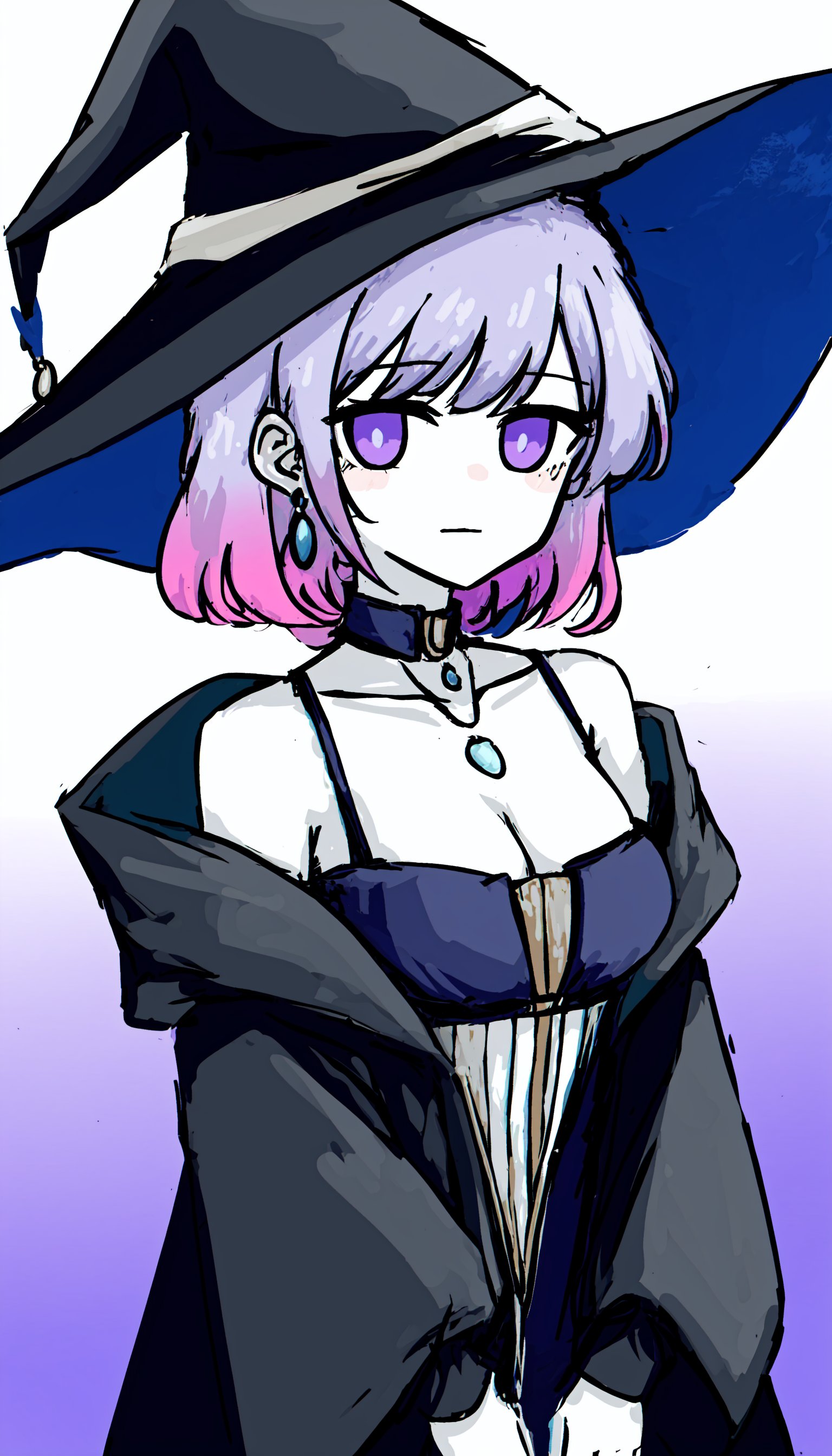 1girl, solo, witch hat, hat, jewelry, short hair, looking at viewer, earrings, hood down, purple eyes, black headwear, gradient, gradient background, breasts, hood, cleavage, upper body, bangs, closed mouth, simple background, collarbone