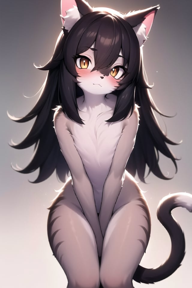 masterpiece, best quality, highres, best illumination, depth of field, complex background, detailed background, looking at viewer, from front, lens flare, furry, furry female, cat ears, cat tail, 1girl, cat girl, long hair,  whisker, ((nude)), (((body fur))), solo, animal ear fluff, (three-tone fur), paw, fur skin, (skinny), flat chest, fur on arms, fur on thighs, blush, age down, arms between legs, expressionless, 