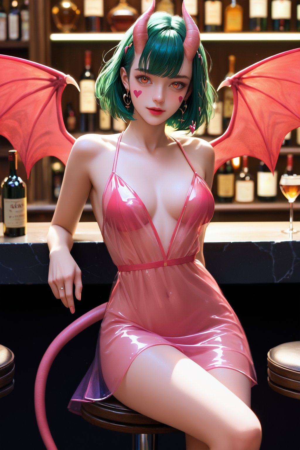 score_9, score_8_up, score_7_up, rating_safe, 45 year old dark green haired succubus in a Fantasy bar, pink skin, wings, tail, transparent gown, three quarter angle view posing, large tits, clothed, emotional facial expression, (best quality:1.3)