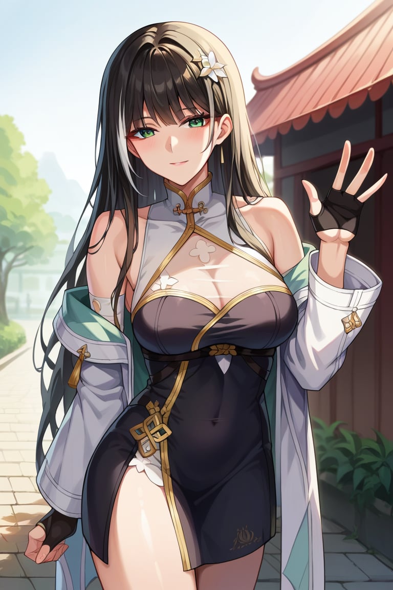 score_9, score_8_up, score_7_up, score_6_up, score_5_up, score_4_up, rating_questionable, , source_anime, digital illustration, pixiv, fanbox, uncensored, , BREAK, official art,1girl, solo, mature female, baizhi, long hair, green eyes, black hair, white streaks, hair ornament, chinese clothes, black dress, bare shoulders, see through cleavage,  detached sleeves, white jacket, open jacket, fingerless gloves, waving, outdoors, , light smile, , outdoors , cowboy shot, looking at viewer, colorful, vivid,,    <lora:Baizhi_Pony-10:0.8>