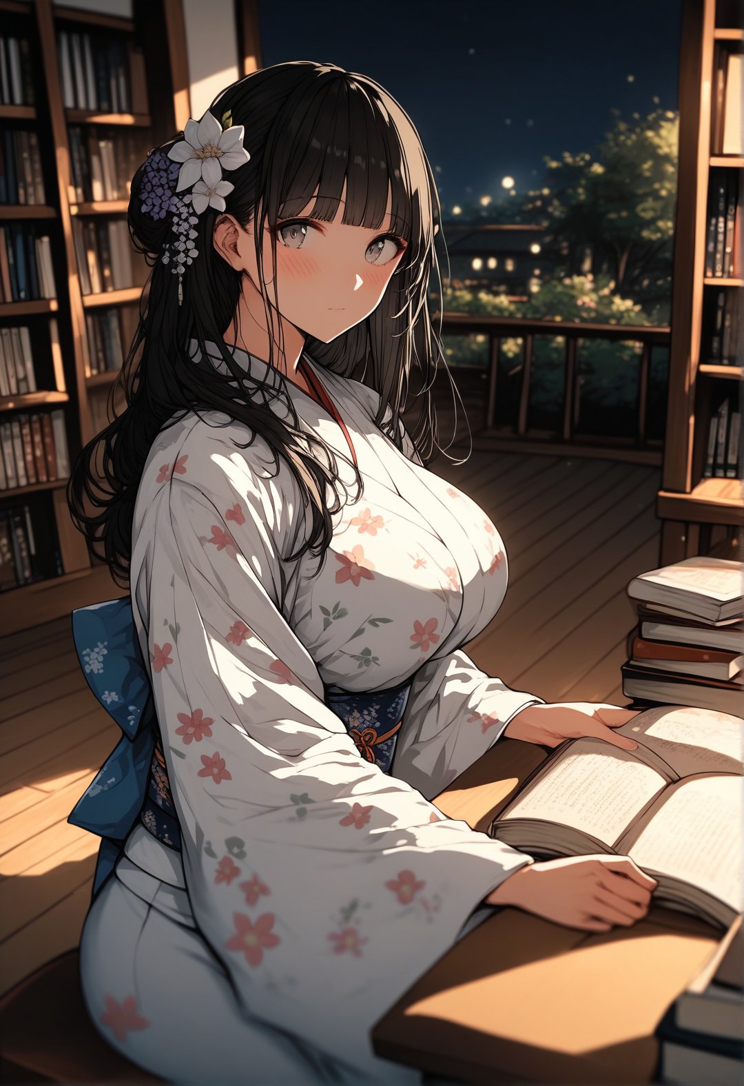 score_9, score_8_up, score_7_up, score_6_up, source_anime, <lora:BLE 0.1v:1>, BLE, 1girl, solo, long hair, looking at viewer, huge breasts, blush, black hair, long sleeves, hair ornament, holding, closed mouth, sitting, flower, sidelocks, japanese clothes, indoors, blunt bangs, hair flower, wide sleeves, kimono, blurry, tree, grey eyes, book, sash, night, depth of field, floral print, obi, holding book, white kimono, wooden floor, open book, bookshelf, print kimono, wind chime, eyeliner, 