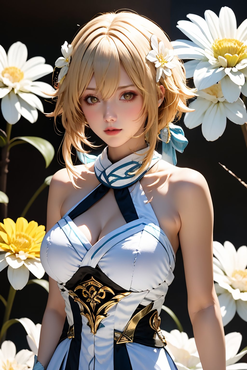 1girl, breasts, solo, blonde hair, cleavage, lumine \(genshin impact\), dress, white dress, hair ornament, looking at viewer, bare shoulders, flower, large breasts, realistic, covered nipples, hair flower, upper body, short hair with long locks, lips, yellow eyes, sleeveless, brown eyes, white flower, closed mouth, sleeveless dress, hair between eyes, sidelocks, nose, medium breasts, short hair, scarf, simple background